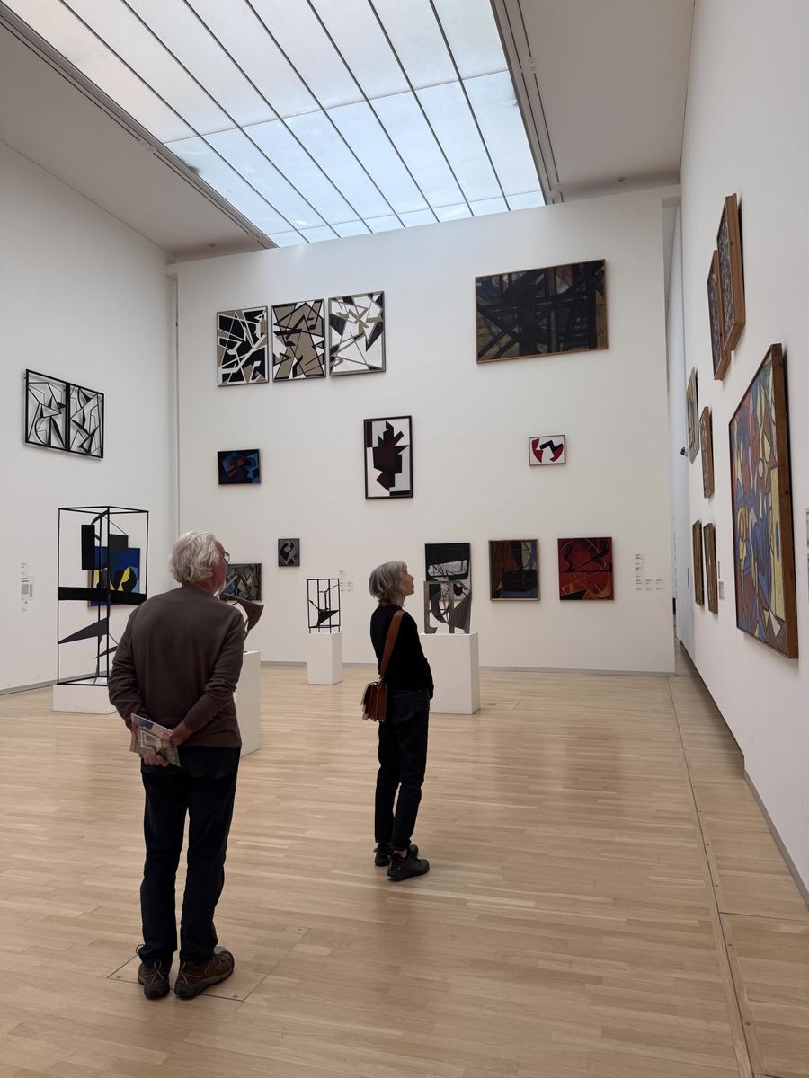 美術館展廳裡，兩位觀眾仰頭看牆上的抽象作品